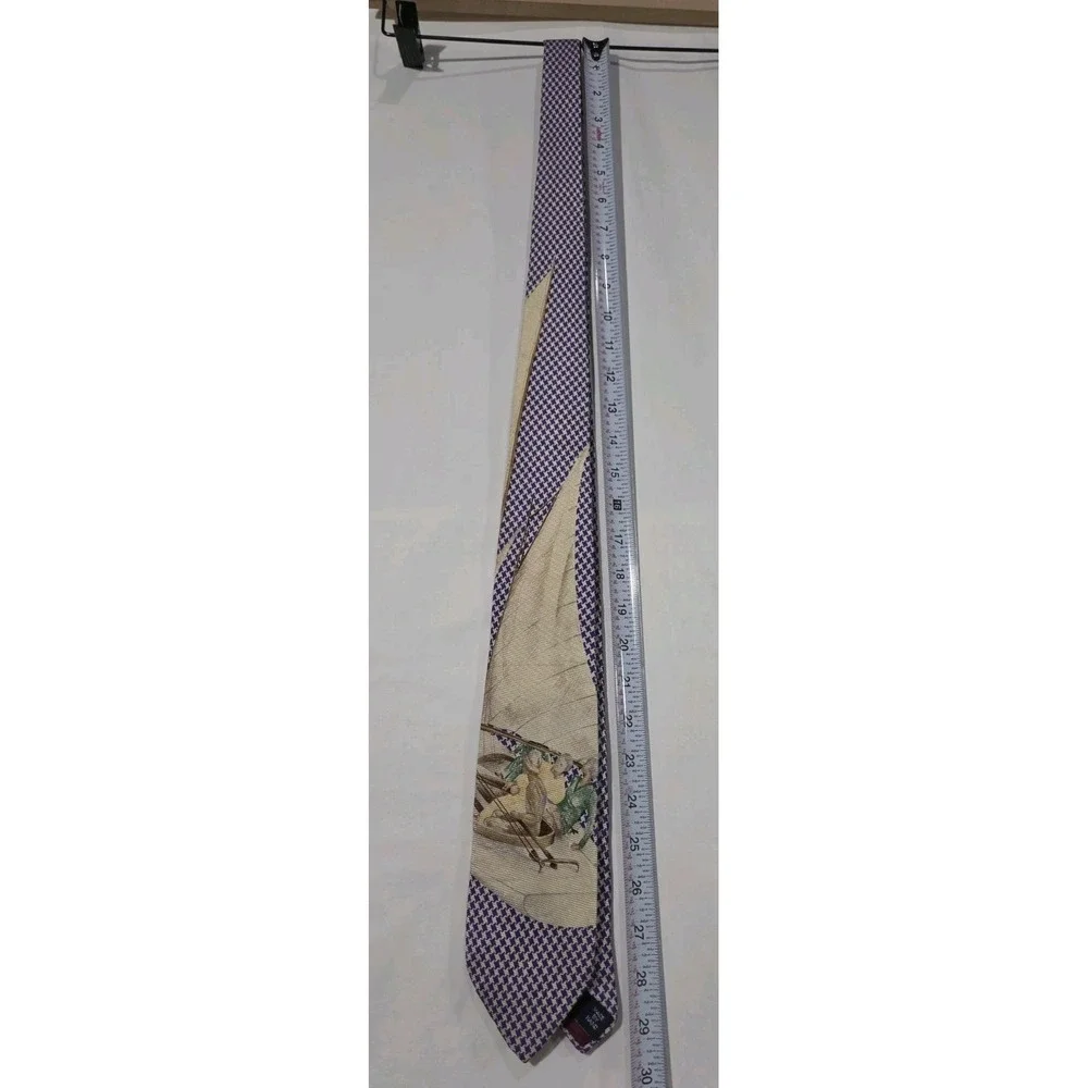 Vintage Polo Ralph Lauren Silk Tie Sailing Scene Houndstooth Blue Handmade USA